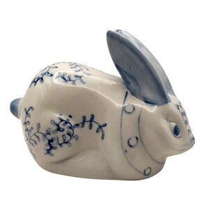 Hand Painted Chinoiserie Blue White Bunny Figurine Glazed Ceramic Easter Rabbit